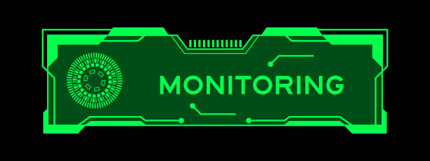 zielony kolor futurystycznego banera hud, który ma monitorowanie słów na ekranie interfejsu użytkownika na czarnym tle - surveil stock illustrations