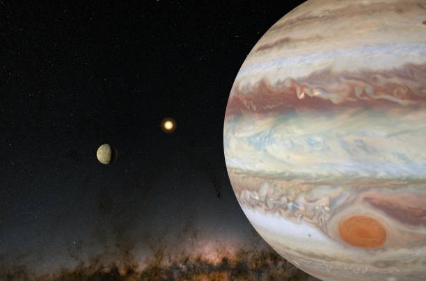 Io satellite with Jupiter planet in the solar system - 3d illustration, closeup view stock photo