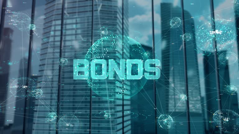 Bonds. Businessman Working in Office among Skyscrapers. Hologram Concept