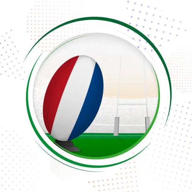 Vector illustration of Flag of Netherlands on rugby ball. Round rugby icon with flag of Netherlands.