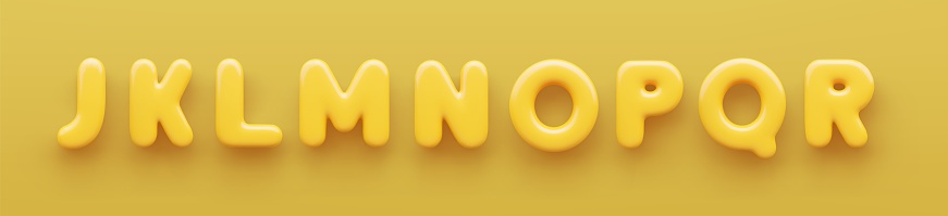 3D Yellow uppercase letters J, K, L, M, N, O, P, Q and R with a glossy surface on a yellow background