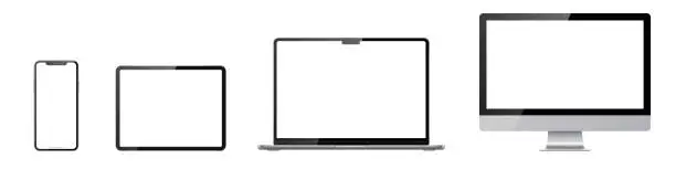 Vector illustration of Set of monitor, laptop, tablet, phone on transparent background with transparent screen.