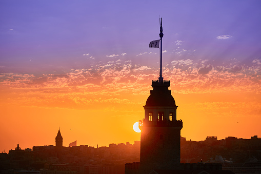 silhouette of old city Istanbul with Maiden's Tower in foreground