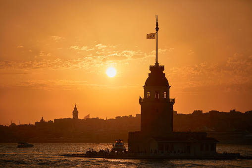 silhouette of old city Istanbul with Maiden's Tower in foreground