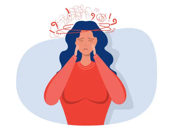 Vector illustration of woman suffers from obsessive thoughts; headache; unresolved issues; psychological trauma; depression.Mental stress panic mind disorder illustration Flat vector illustration.