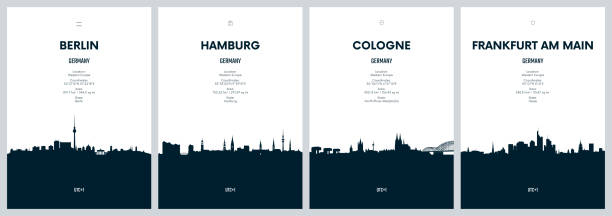 векторный набор путешествий с городскими пейзажами берлина, гамбурга, кельна, франкфурта-на-майне, детализированными городскими пейзажами - hamburg stock illustrations