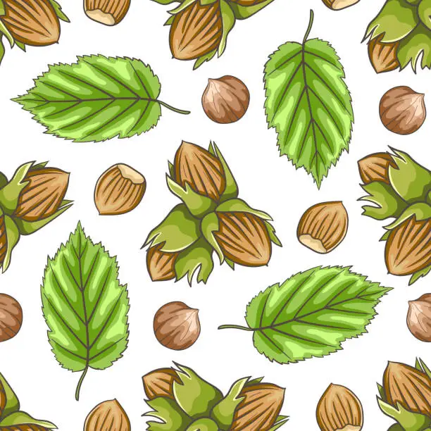 Vector illustration of Hand drawn seamless pattern with hazelnuts.