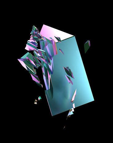 A multi-colored metal triangular shape breaking apart into pieces on black background; digital representation of Bismuth