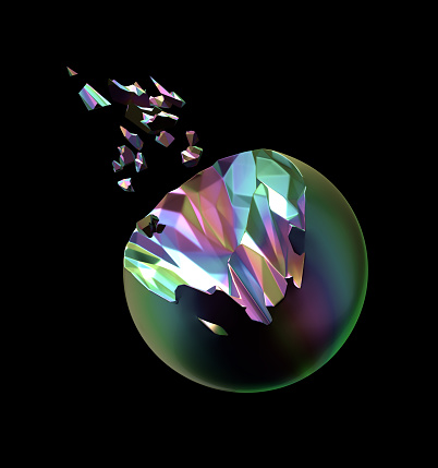 A multi-colored metal sphere breaking apart into pieces on black background; digital representation of Bismuth