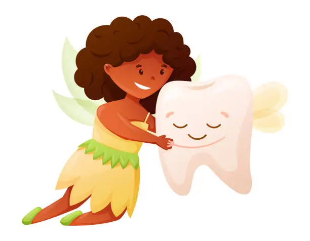 Vector illustration of Funny magical character Tooth Fairy with wings. Princess girl hugging a milk baby tooth. Vector cartoon isolated illustration.