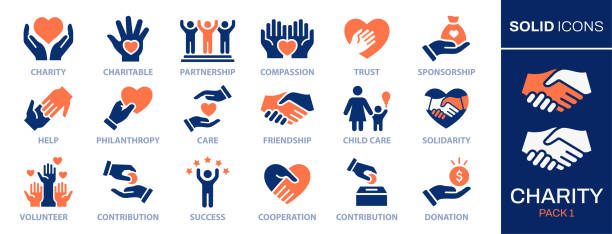 Charity icons set. Collection of hands, donations, hearts, unity and more. Vector illustration. Easily changes to any color. Charity icons set. Collection of hands, donations, hearts, unity and more. Vector illustration. Easily changes to any color. sponsor stock illustrations