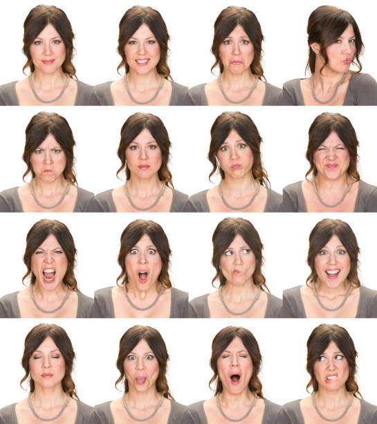 femme expression multiples d'images sur fond blanc - image multiple photos et images de collection