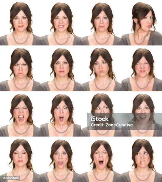 Woman Multiple Expression Image On White Background Stock Photo - Download Image Now