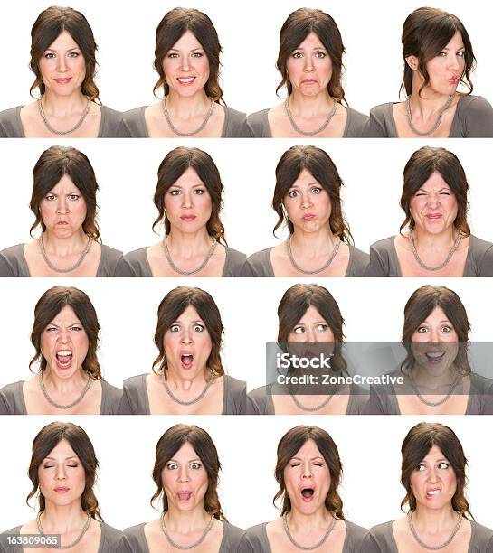 Mulher Múltipla Expressão Imagem Em Fundo Branco - Fotografias de stock e mais imagens de Imagem Múltipla - Imagem Múltipla, Expressão Facial, Mulheres