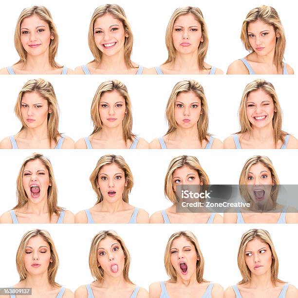 Frau Mit Verschiedenen Gesichtsausdrücken Stockfoto und mehr Bilder von Frauen - Frauen, Gesichtsausdruck, Phasenaufnahme