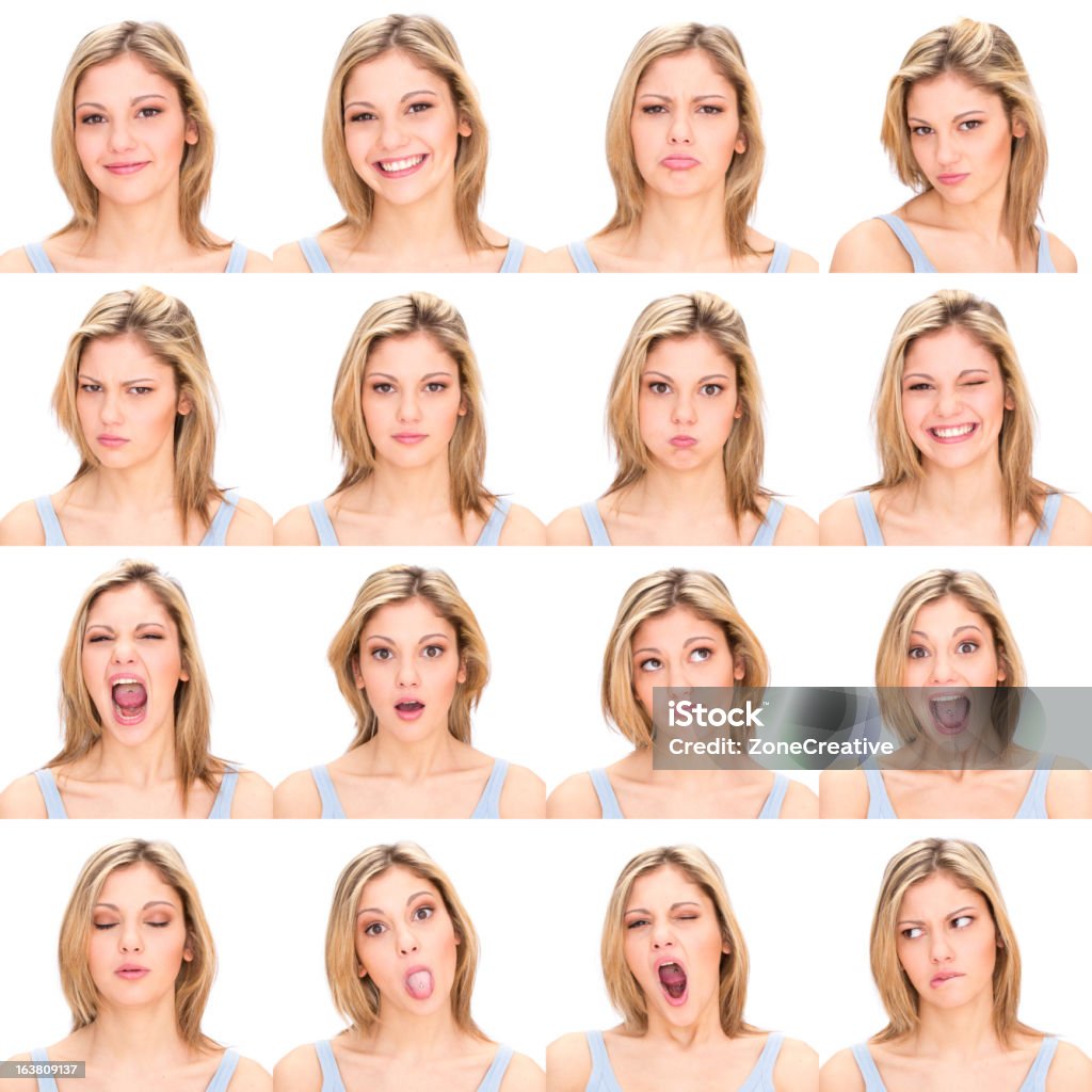 Woman with varying facial expressions Four rows of images of the same young woman making varying facial expressions.  Each row contains four images of the young woman showing her from the shoulders up.  She has shoulder length blonde hair and is wearing a light blue tank top.  The images include the woman smiling in different ways.  They also include the woman pouting, yawning, staring straight ahead, sticking her tongue out, holding her breath, closing her eyes, looking away from the camera, and looking annoyed.  Each of the images places the woman against a white background. Women Stock Photo