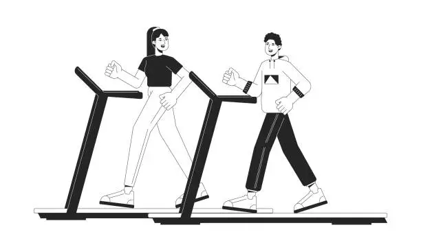 Vector illustration of Active people on treadmill flat line black white vector character