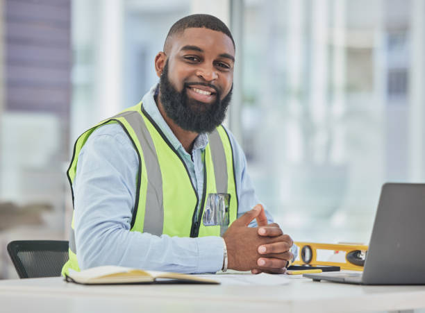 istock Architecture, portrait or laptop with black man in office for engineering, research or building design. Technology, construction planning or face of contractor working online on project management 1638103150