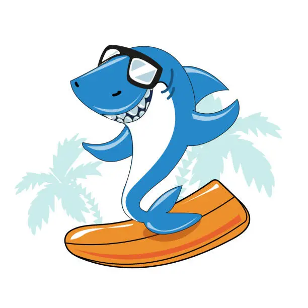 Vector illustration of Funny cartoon shark with sunglasses on a surfboard. Summer concept for clothes