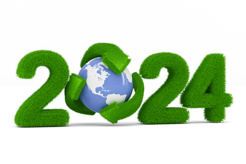 Earth Day Concept. 2024 Year With Planet Earth And Recycling Symbol Made Of Grass