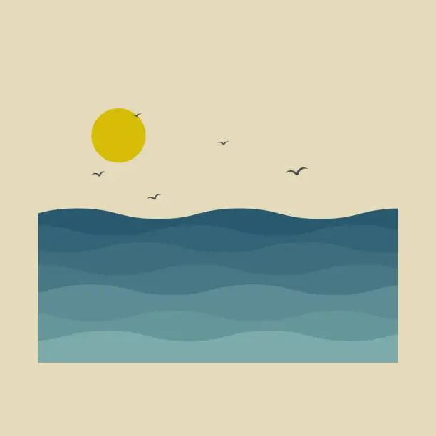 Vector illustration of Seaside landscape with flying birds postcard illustration.