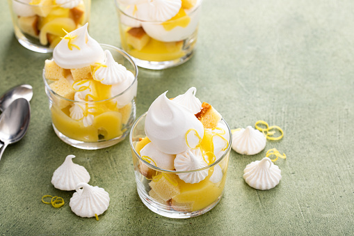 Lemon meringue and pound cake trifle in a glass, idividual dessert idea