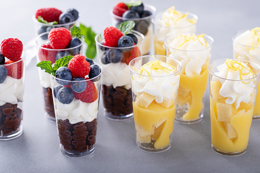 Chocolate and lemon curd dessert shots for a party or a birthday, dessert table catering