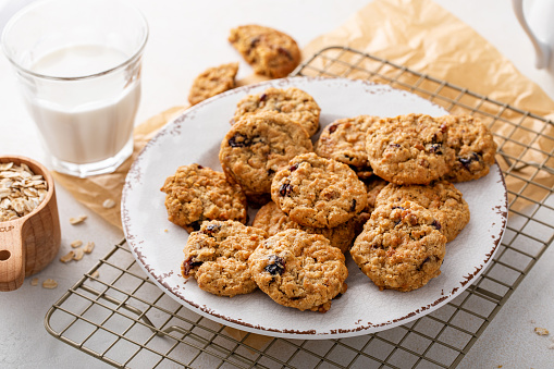 Healthy breakfast cookies with oatmeal, pecans and dried cranberry