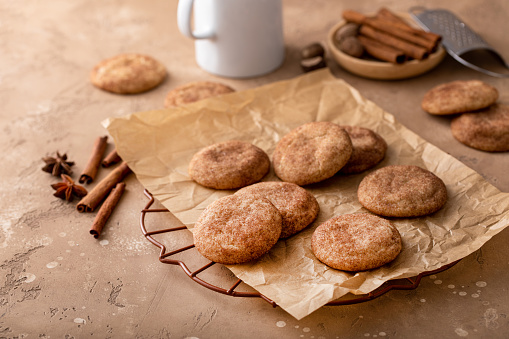 Cinnamon cookies tossed with cinnamon sugar on a parchment paper with milk, classic snickerdoodle cookies