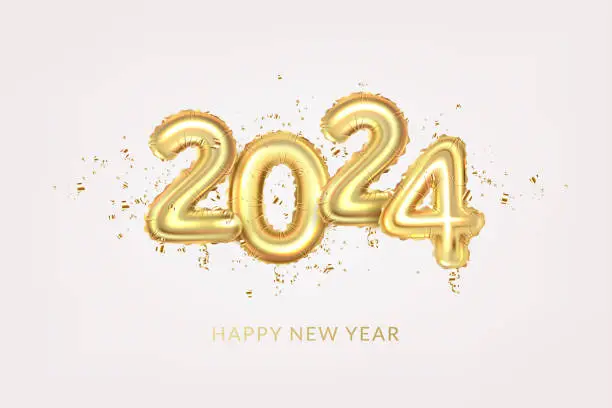 Vector illustration of 2024 Happy new year number, gold balloons