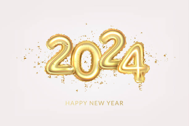 2024 happy new year number, gold balloons - happy new year 2024 幅插畫檔、美工圖案、卡通及圖標