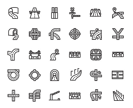 Road thin line icons set. Editable Stroke. Highways, intersections, toll roads, tunnels and other types of road structures.