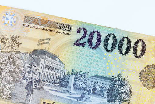 HUF cash Hungarian banknote, valued at 20,000 forint, providing clear representation of countrys currency.