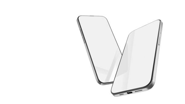 Two smartphones side by side with modern bezel-less blank screens. 3D render of a generic phone device