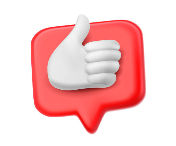 istock Vector business illustration of red color speech bubble with hand gesture thumb up on white background. 3d style design of speech bubble with hand 1638139989
