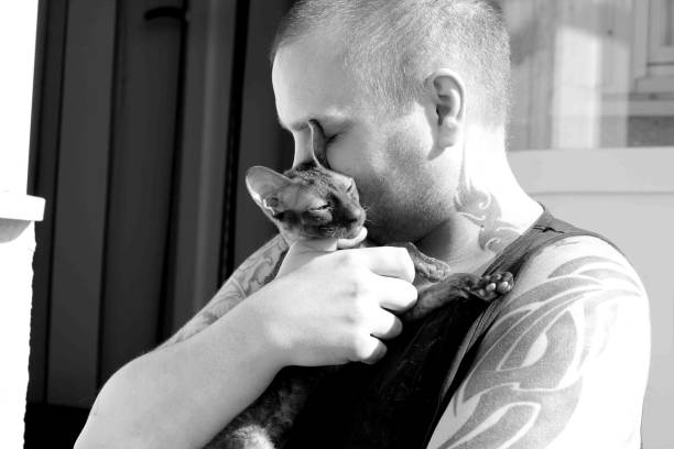 istock Shiro hugging Ina the Cornish Rex cat in black and white 1638143777