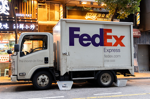 Hong Kong - August 25, 2023 : FedEx Express truck at Tsim Sha Tsui, Kowloon, Hong Kong.