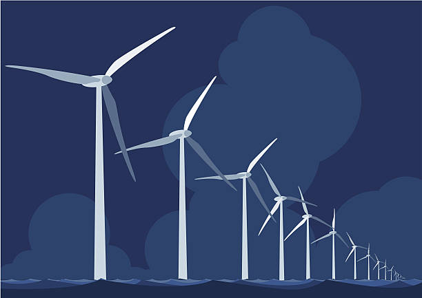 ilustrações, clipart, desenhos animados e ícones de fazenda de vento no mar - wind turbine