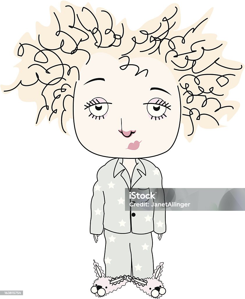 curly haired woman wearing pajamas curly haired woman with a head cold wearing her pajamas and bunny slippers. Bedtime stock vector