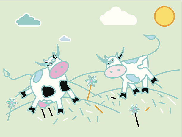 Vacas na ensolarada meadow - ilustração de arte em vetor