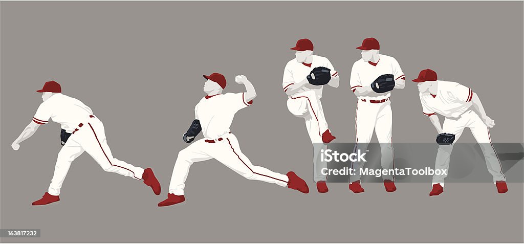 Pitch Sequence Five poses of a pitcher throwing a ball.  Can be used as keyframes for an animation or as individual elements. Baseball Pitcher stock vector