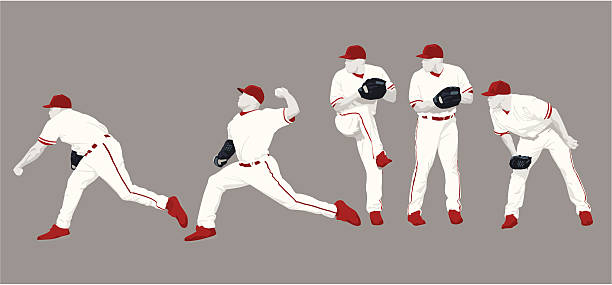 Pitch Sequence Five poses of a pitcher throwing a ball. Can be used as keyframes for an animation or as individual elements. sequential series stock illustrations