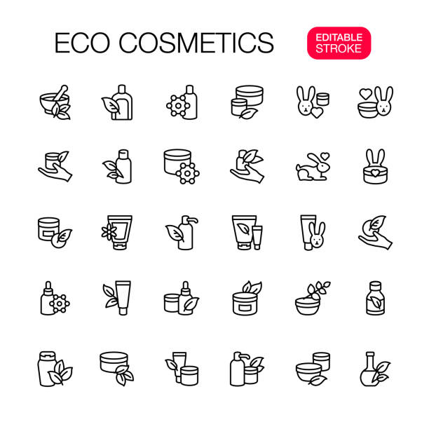 Natural and organic bio cosmetics, Eco Cosmetics, Editable Stroke Natural and organic bio cosmetics. Editable Stroke. Vector illustration. cosmetic bag clip art stock illustrations