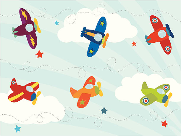 Colourful Toy Planes Toy planes flying against a cloud background. toy airplane stock illustrations