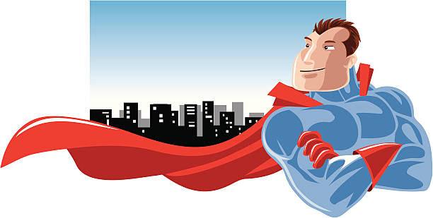 illustrazioni stock, clip art, cartoni animati e icone di tendenza di supereroe - superhero human muscle men city