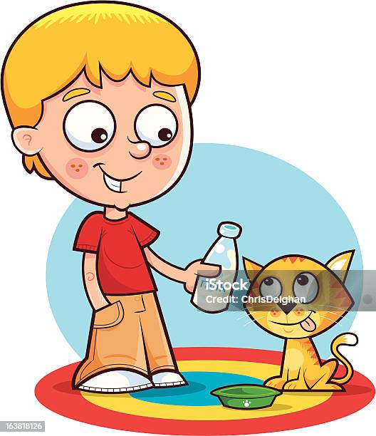 Kleiner Junge Und Seine Kätzchen Stock Vektor Art und mehr Bilder von Hauskatze - Hauskatze, Jungen, Milch