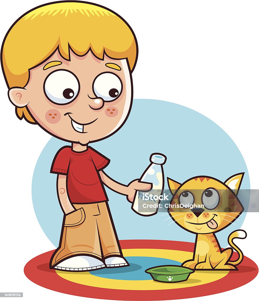 Little boy y su mascota - arte vectorial de Gato doméstico libre de derechos