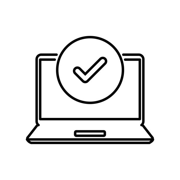 illustrations, cliparts, dessins animés et icônes de valider l’icône avec ordinateur portable à ligne mince et coche. élément web linéaire simple de conception de contour de logotype isolé sur blanc. concept de facilité d’accès et de mise à niveau du programme ou du système d’exploitation, d� - facilité daccès
