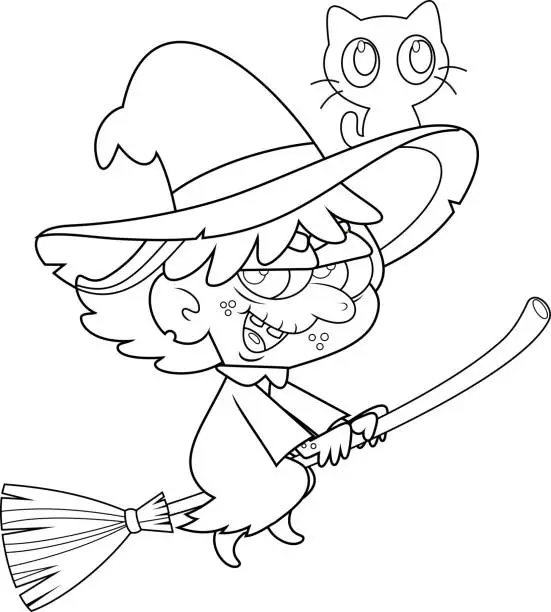 Vector illustration of Outlined Ugly Halloween Witch Cartoon Character Flying On A Broom Stick And The Black Cat In The Hat