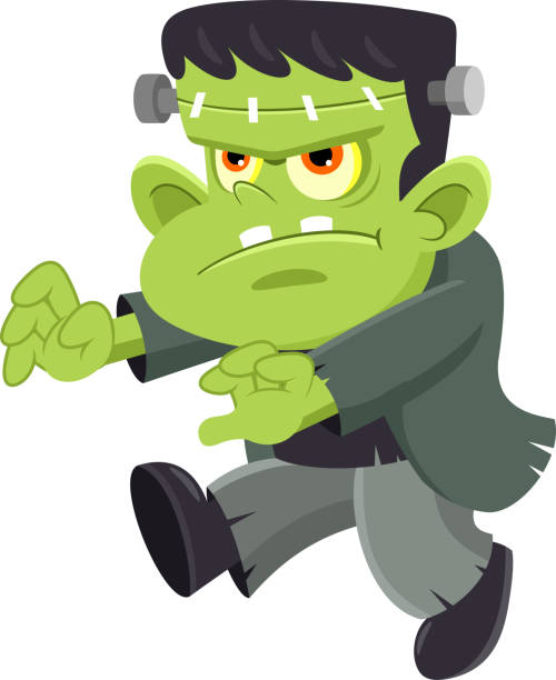 Halloween Frankenstein Cartoon Character Walking With His Arms Out vector art illustration